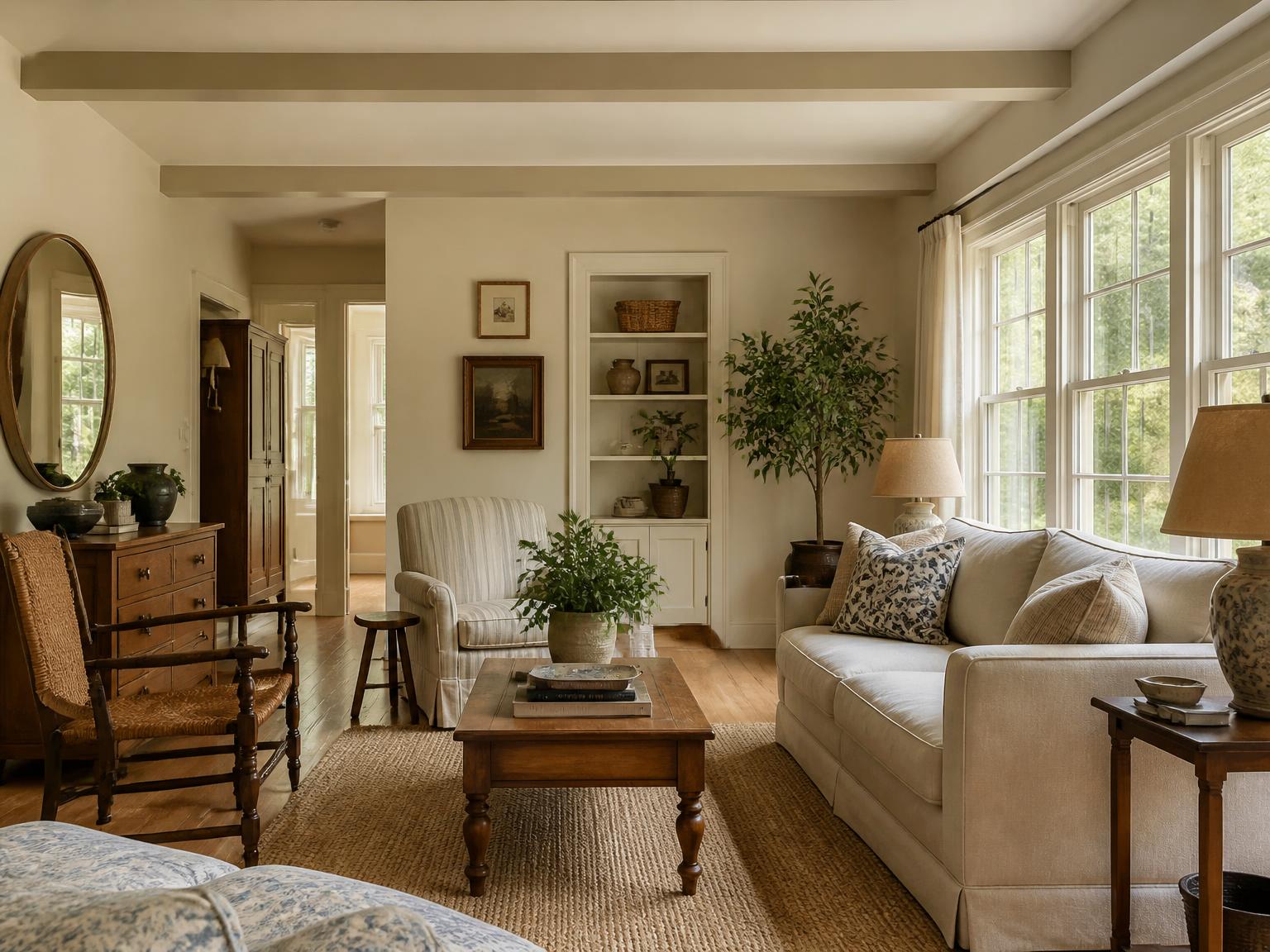 A warm, tidy living room in a Southern ranch home with afternoon light